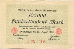 Reutlingen - Stadt - 11.8.1923 - 1.12.1923 - 100000 Mark