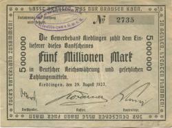 Riedlingen - Gewerbebank eGmbH - 29.8.1923 - 5 Millionen Mark 