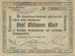 Riedlingen - Gewerbebank eGmbH - 29.8.1923 - 5 Millionen Mark 