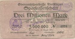 Riedlingen - Oberamtssparkasse - 12.8.1923 - 3 Millionen Mark 