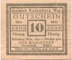 Rosenberg (heute: PL-Susz) - Stadt - 1.10.1920 - 10 Pfennig