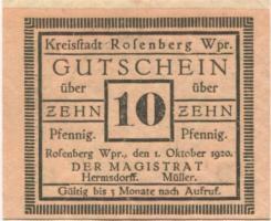 Rosenberg (heute: PL-Susz) - Stadt - 1.10.1920 - 10 Pfennig