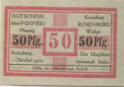 Rosenberg (heute: PL-Susz) - Stadt - 1.10.1920 - 50 Pfennig