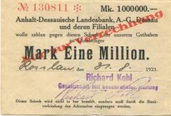 Roßlau - Kohl, Richard Faßfabrik, Sägewerk, Holzhandel GmbH, Magdeburger Str. - 31.8.1923 - 1 Million Mark