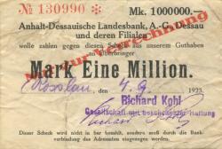 Roßlau - Kohl, Richard, Faßfabrik, Sägewerk, Holzhandel GmbH, Magdeburger Str. - 4.9.1923 - 1 Million Mark