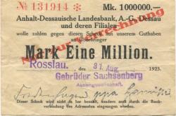 Roßlau - Sachsenberg, Gebrüder, AG - 31.8.1923 - 1 Million Mark