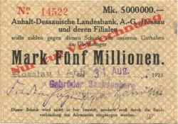 Roßlau - Sachsenberg, Gebrüder, AG - 31.8.1923 - 5 Millionen Mark