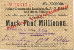 Roßlau - Sachsenberg, Gebrüder, AG - 7.9.1923 - 5 Millionen Mark