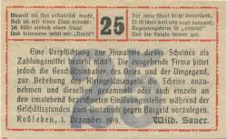 Roßleben - Sauer, Wilhelm, Buchdruckerei und Verlag - 1.12.1919 - 25 Pfennig