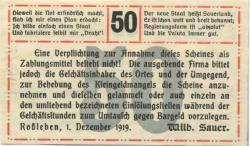 Roßleben - Sauer, Wilhelm, Buchdruckerei und Verlag - 1.12.1919 - 50 Pfennig