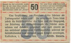 Roßleben - Sauer, Wilhelm, Buchdruckerei und Verlag - 1.12.1919 - 50 Pfennig