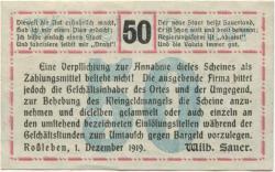 Roßleben - Sauer, Wilhelm, Buchdruckerei und Verlag - 1.12.1919 - 50 Pfennig