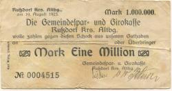 Russdorf (heute: Limbach-Oberfrohna) - Gemeindespar- und girokasse - 10.8.1923 - 1 Million Mark 