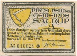 Satrup  (heute: Mittelangeln) - Gemeinde - 16.5.1921 - 1 Mark 