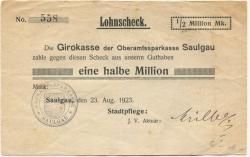 Saulgau - Stadt(pflege) - 23.8.1923 - 1/2 Million Mark 