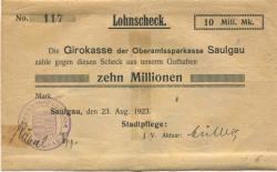 Saulgau - Stadt(pflege) - 23.8.1923 - 10 Millionen Mark
