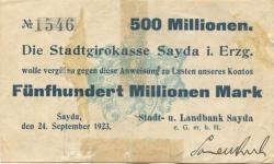 Sayda - Stadt- und Landbank eGmbH - 24.9.1923 - 500 Millionen Mark