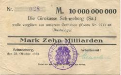 Schneeberg - Arbeitsamt - 23.10.1923 - 10 Milliarden Mark