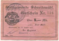 Schneidemühl (heute: PL-Pila) - Stadt - 12.8.1914 - 15.10.1914 - 5 Mark