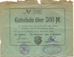 Schöneck - Stadtrat und Stadthaupt-, Spar- und Girokasse - 8.9.1922 - 500 Mark 