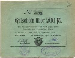 Schöneck - Stadtrat und Stadthaupt-, Spar- und Girokasse - 26.9.1922 - 500 Mark 