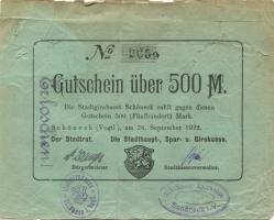 Schöneck - Stadtrat und Stadthaupt-, Spar- und Girokasse - 26.9.1922 - 500 Mark