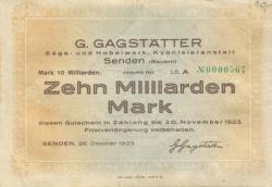 Senden - Gagstätter, G., Säge- und Hobelwerk, Kyanisieranstalt - 26.10.1923 - 30.11.1923 - 10 Milliarden Mark