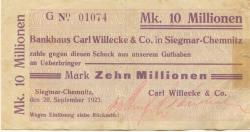 Siegmar (heute: Chemnitz) - Willecke, Carl, & Co. Bankhaus - 20.9.1923 - 10 Millionen Mark