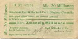 Siegmar (heute: Chemnitz) - Willecke, Carl, & Co. Bankhaus - 20.9.1923 - 20 Millionen Mark