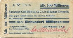 Siegmar (heute: Chemnitz) - Willecke, Carl, & Co. Bankhaus - 20.9.1923 - 100 Millionen Mark