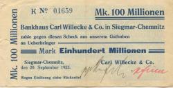 Siegmar (heute: Chemnitz) - Willecke, Carl, & Co. Bankhaus - 20.9.1923 - 100 Millionen Mark