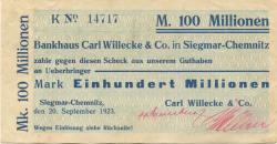 Siegmar (heute: Chemnitz) - Willecke, Carl, & Co. Bankhaus - 20.9.1923 - 100 Millionen Mark