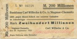 Siegmar (heute: Chemnitz) - Willecke, Carl, & Co. Bankhaus - 20.9.1923 - 200 Millionen Mark