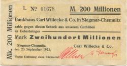 Siegmar (heute: Chemnitz) - Willecke, Carl, & Co. Bankhaus - 20.9.1923 - 200 Millionen Mark