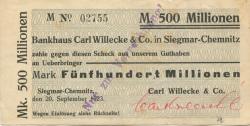Siegmar (heute: Chemnitz) - Willecke, Carl, & Co. Bankhaus - 20.9.1923 - 500 Millionen Mark