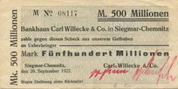 Siegmar (heute: Chemnitz) - Willecke, Carl, & Co. Bankhaus - 20.9.1923 - 500 Millionen Mark