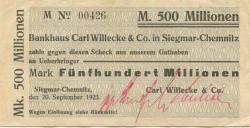 Siegmar (heute: Chemnitz) - Willecke, Carl, & Co. Bankhaus - 20.9.1923 - 500 Millionen Mark