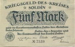 Soldin (heute: PL-Myslibórz) - Kreis - 1.12.1918 - 5 Mark