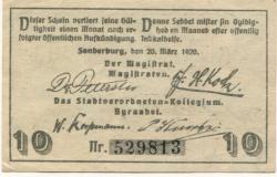 Sonderburg (heute: DK-Sønderborg) - Stadt - 20.3.1920 - 10 Pfennig