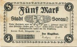 Sorau (heute: PL-Zary) - Stadt - 1918 - 1.2.1919 - 5 Mark