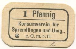 Sprendlingen (heute: Dreieich) - Konsumverein für Sprendlingen und Umgebung eGmbH - -- - 1 Pfennig