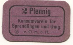Sprendlingen (heute: Dreieich) - Konsumverein für Sprendlingen und Umgebung eGmbH - -- - 2 Pfennig