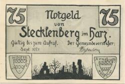 Stecklenberg (heute: Thale) - Gemeinde - September 1921 - 75 Pfennig 