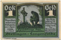 Stellingen (heute: Hamburg) - Gemeinde (Ausschuss für Errichtung der Gefallenen-Ehrenstätte Stellingen-Langenfelde)* - - 1.4.1922 - 1 Mark 
