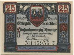 Striegau (heute: PL-Strzegom) - Stadtbank - 1.10.1920 - 25 Pfennig