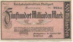 Stuttgart - Reichsbahndirektion - 30.10.1923 - 500 Milliarden Mark 