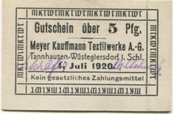 Tannhausen und Wüstegiersdorf (heute: PL-Jedlina-Zdroj und Gluszyca) - Meyer Kauffmann, Textilwerke AG - 1.7.1920 - 1.4.19221 - 5 Pfennig 