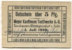 Tannhausen und Wüstegiersdorf (heute: PL-Jedlina-Zdroj und Gluszyca) - Meyer Kauffmann, Textilwerke AG - 1.7.1920 - 1.4.1921 - 5 Pfennig 