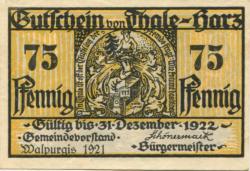 Thale - Stadt - 30.4.1921 - 31.12.1922 - 75 Pfennig