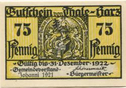 Thale - Stadt - 24.6.1921 - 31.12.1922 - 75 Pfennig